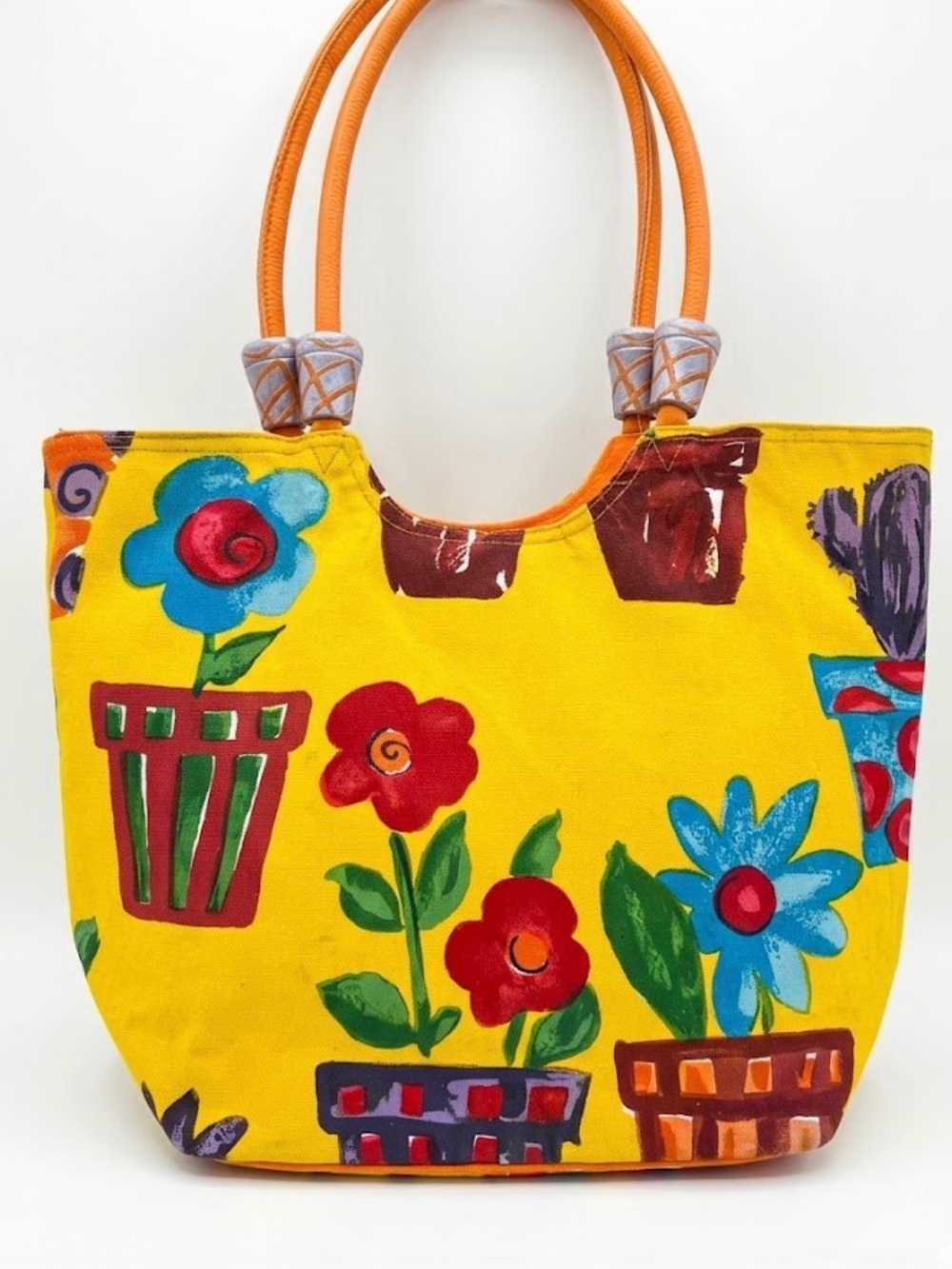 Vintage 80s Sun N Sand Beach Summer Yellow Floral Plants Canvas Tote Bag Cactus